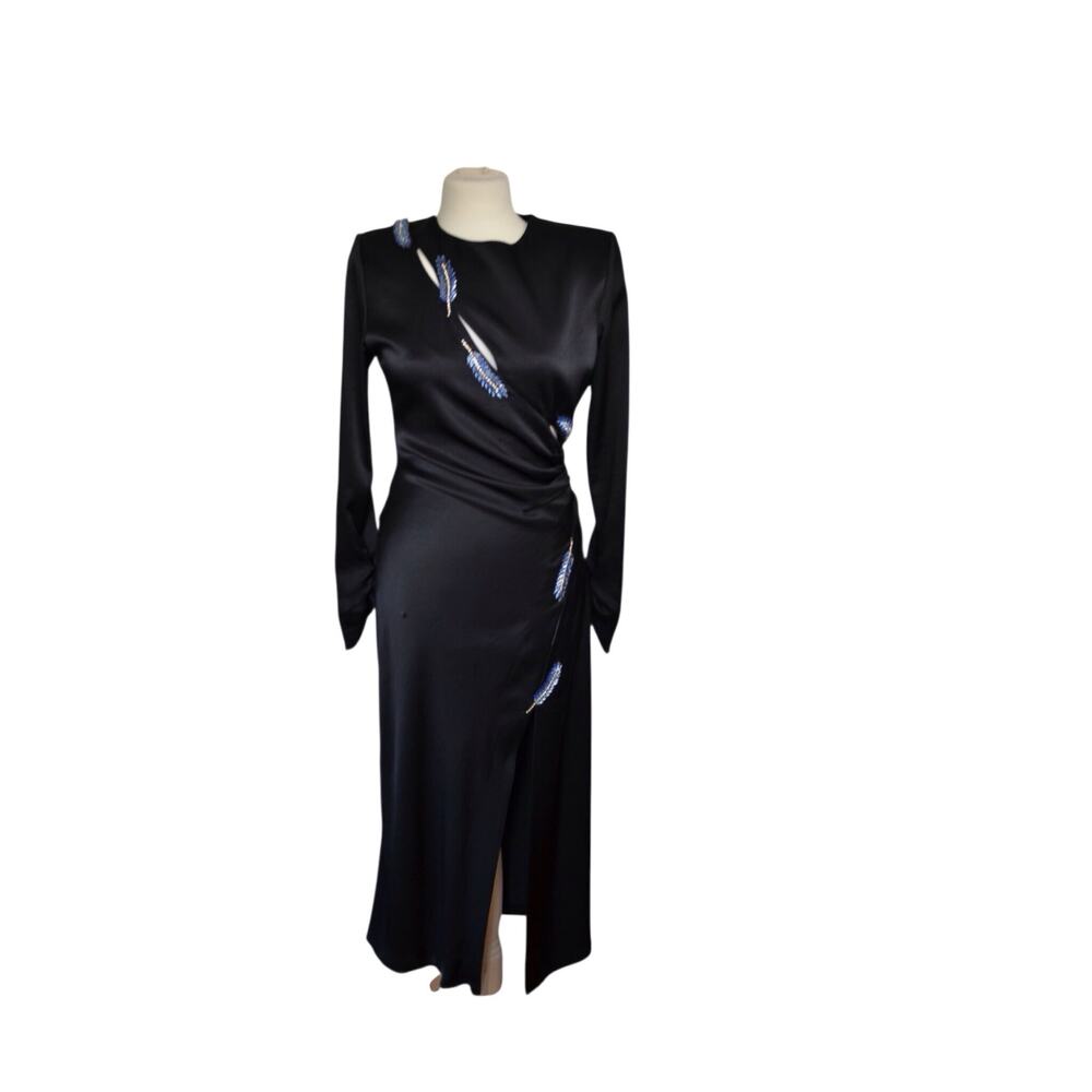 Zara Black  Satin Effect Midi Dress with Jeweled Leaf shaped appliqué Sz. Med